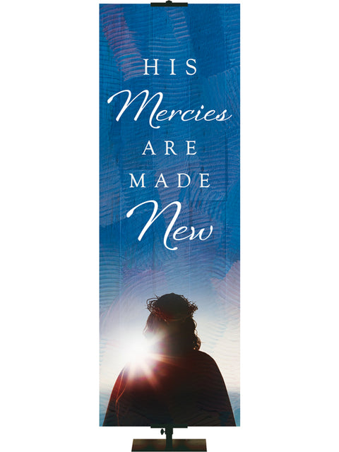 His Mercies Are Made New Living Hope Church Banner with Silhouette of Christ on blue