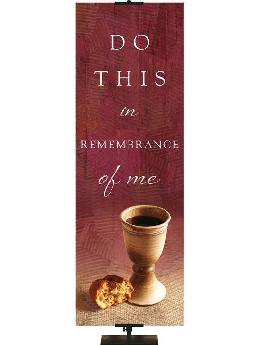 Do This In Remembrance Of Me Living Hope Church Banner on red with Communion bread with chalice on the right