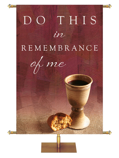 Do This In Remembrance Of Me Living Hope Church Banner on red with Communion bread with chalice on the right