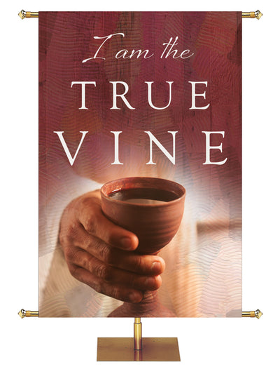 I Am The True Vine Living Hope Church Banner with Hand holding Communion chalice on red