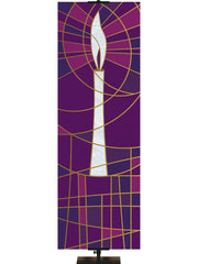 Luminescent Stained Glass Fabric Church Banner with Candle in Blue, Green, Purple or Red
