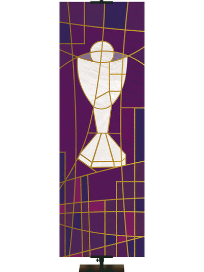 Luminescent Stained Glass Fabric Church Banner with Communion Symbol in Blue, Green, Purple or Red