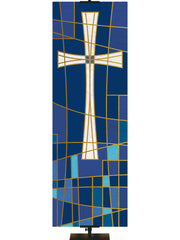 Luminescent Stained Glass Fabric Church Banner with Cross in Blue, Green, Purple or Red
