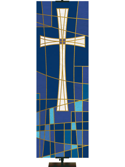 Luminescent Stained Glass Fabric Church Banner with Cross in Blue, Green, Purple or Red