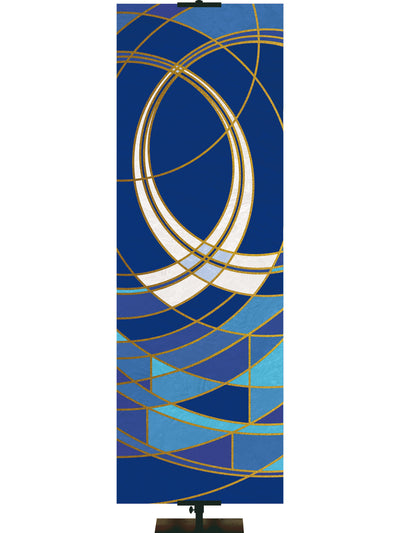 Luminescent Stained Glass Fabric Church Banner with Fish Symbol in Blue, Green, Purple or Red