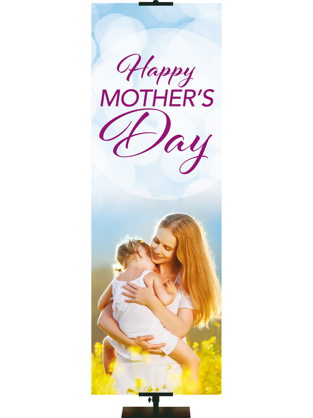 Banner for Mother's Day Mother Holding Child in Field of Yellow Flowers