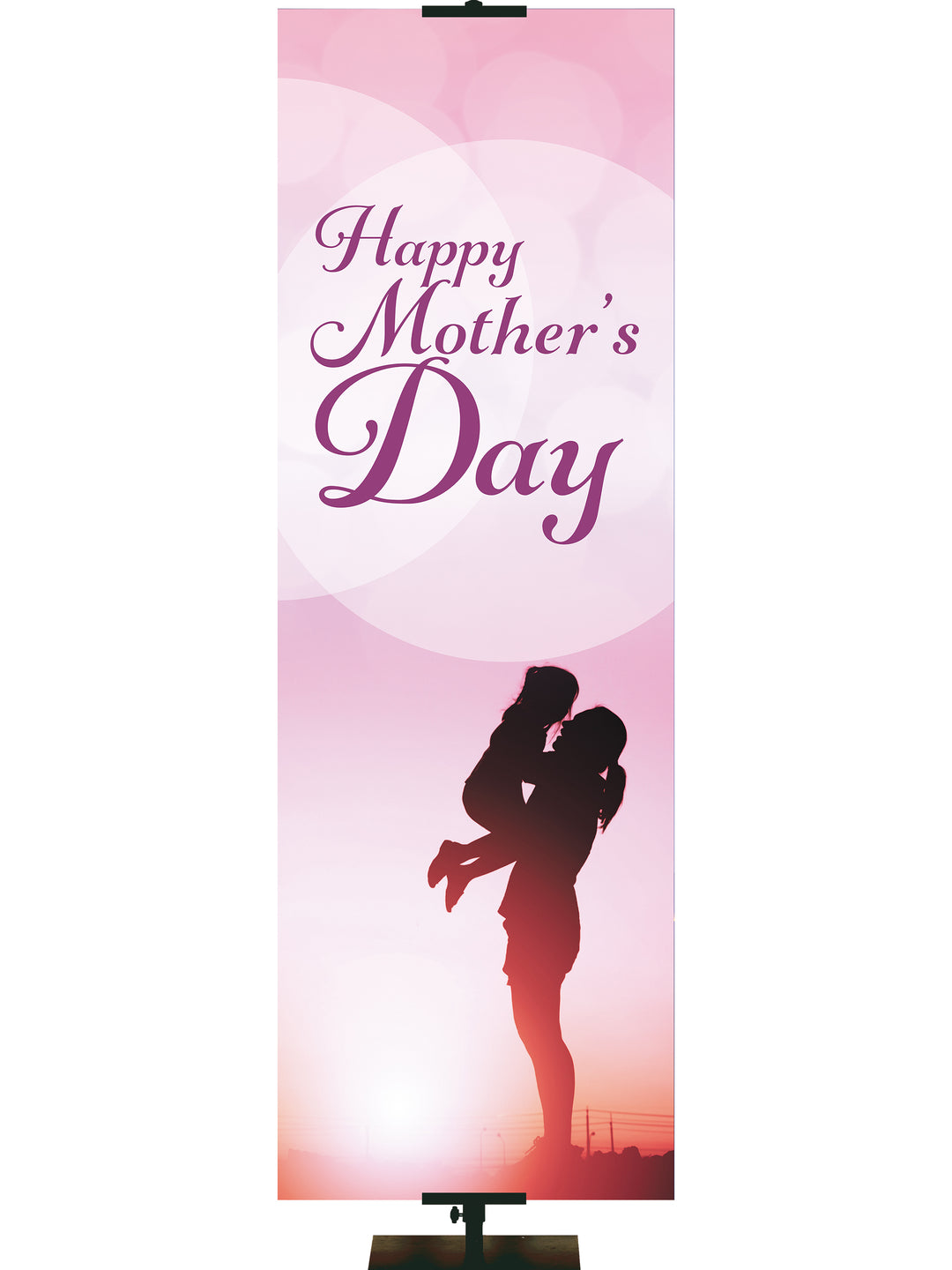 Banner for Mother's Day Silhouette of Mother Standing Holding Daughter on purple background