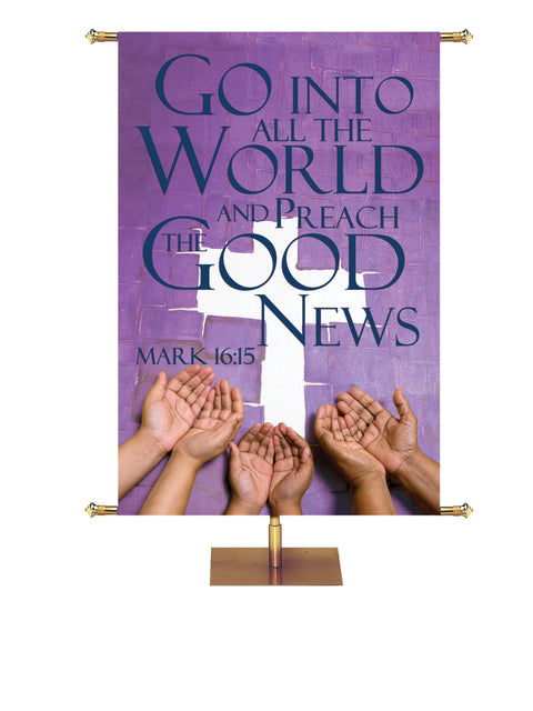 Go Into All the World Hands with Cross Mission Banner in blue, green, purple, red, or yellow