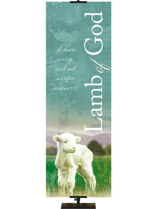Church Banner Name Above All Names Lamb of God White Lamb with hills afar off on painted style jewel-tone teal background