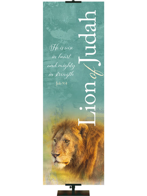 Church Banner Name Above All Names Lion of Judah Male Lion on painted style jewel-tone teal background