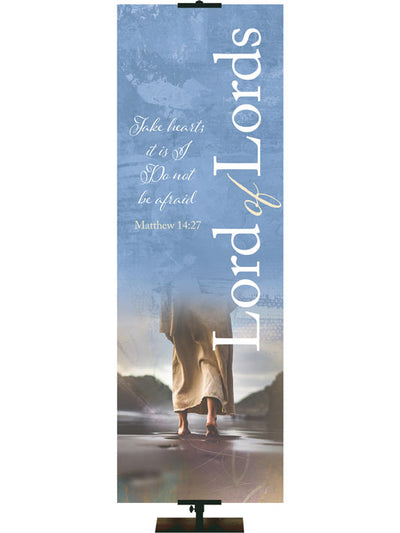 Church Banner Name Above All Names Lord of Lords Feet of Jesus walking on path on painted style jewel-tone blue background
