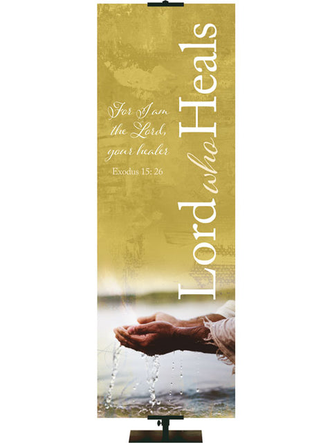 Church Banner Name Above All Names Lord Who Heals Hands of Jesus holding healing water on painted style jewel-tone background