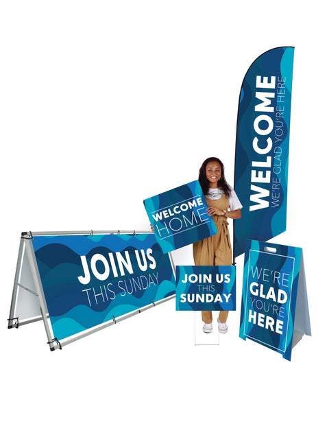 Outdoor Navy Wave Design Banner and Sign Bundle - Welcome Banners - PraiseBanners