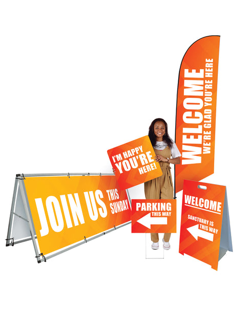 Outdoor Orange Gradient Design Banner and Sign Bundle showing feather flag banner, yard sign, a frame , and outdoor signs .