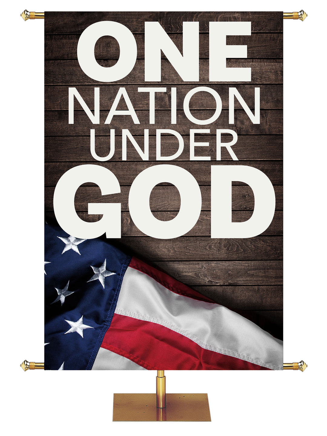 Patriotic Banner featuring U.S. Flag displayed on distressed wood planks with the words One Nation Under God