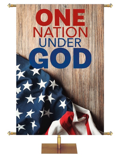 Patriotic Banner with U.S. Flag draped on Barn Wood with the phrase One Nation Under God