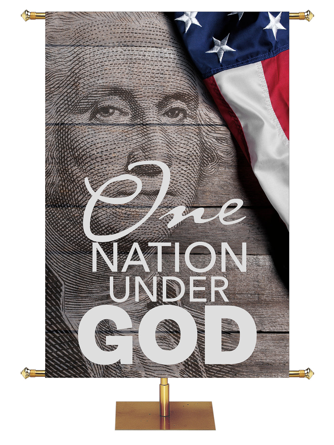 Patriotic Banner featuring the illustrated face of George Washington and U.S. Flag displayed on distressed wood planks with quote One Nation Under God.