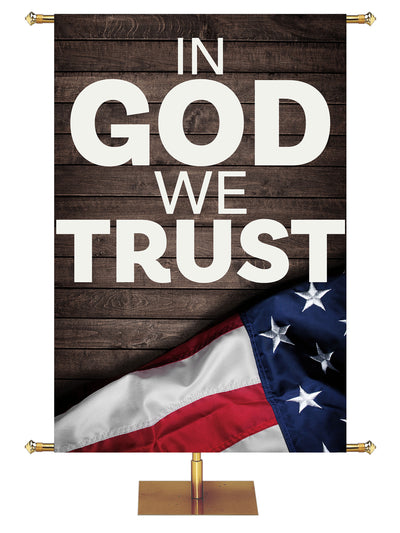 Patriotic Banner featuring U.S. Flag displayed on distressed wood planks with the words In God We Trust.