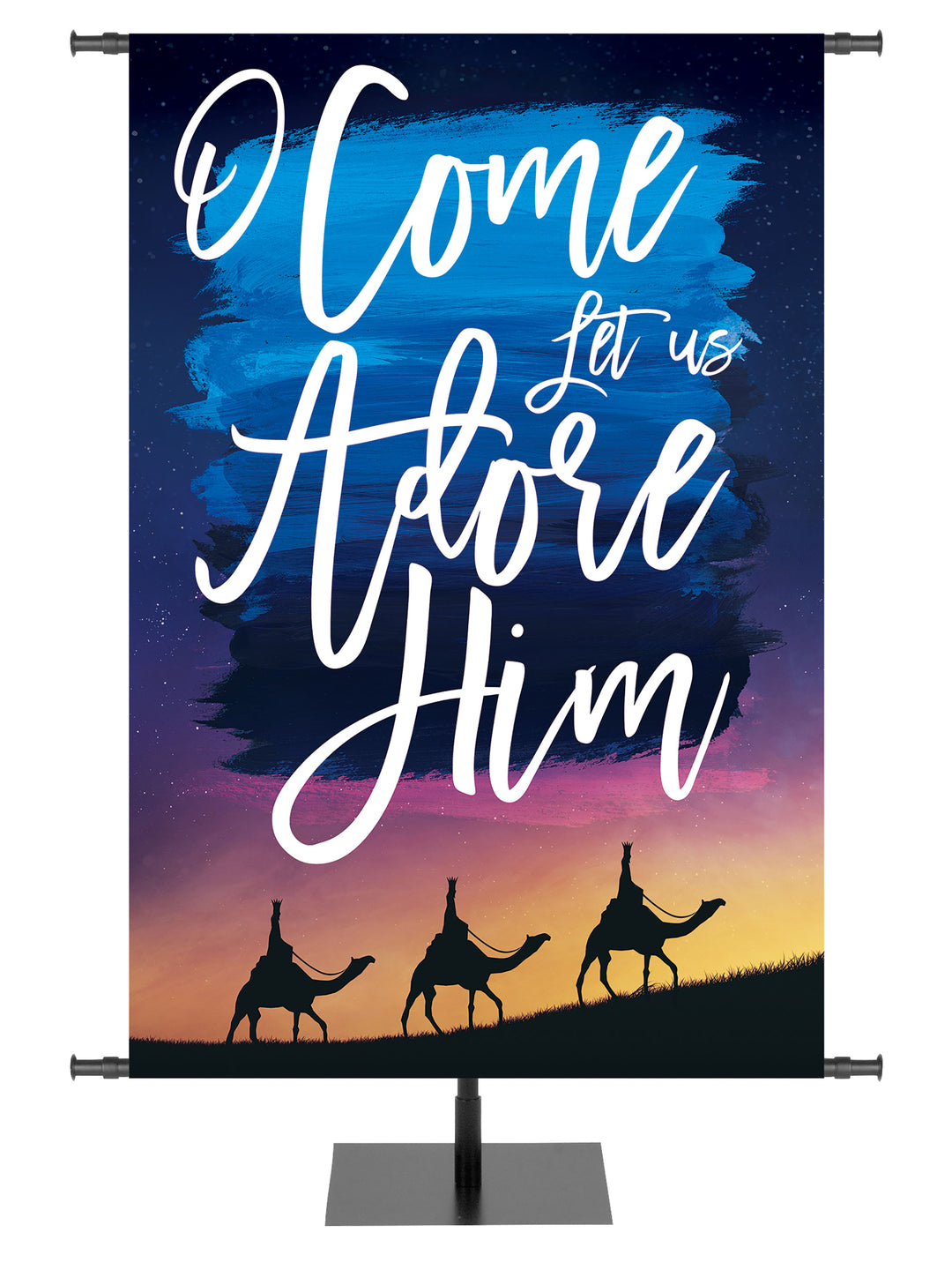 Church Banner for Christmas O Come Let Us Adore Him with Wisemen left on blue and purple