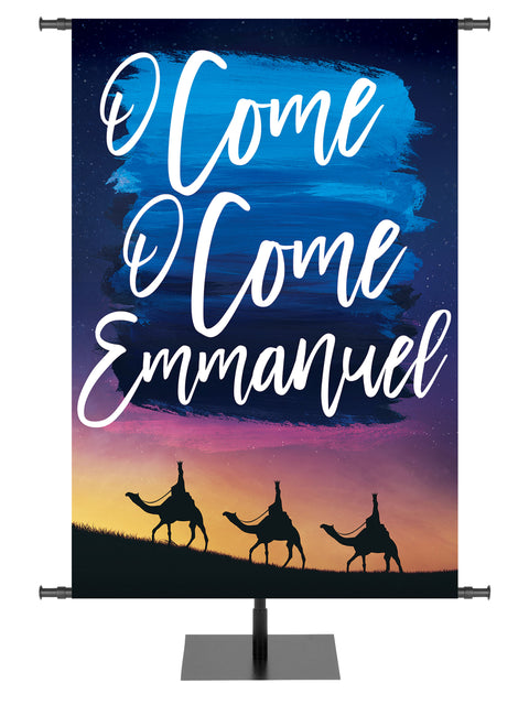Church Banner for Christmas O Come Emmanuel with Wisemen right on blue and purple