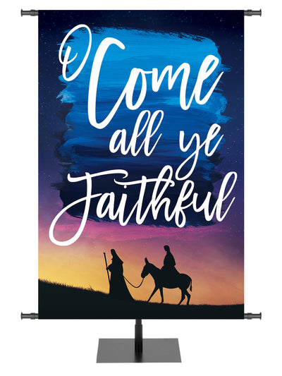 Church Banner for Christmas O Come All Ye Faithful with Mary and Joseph right on blue and purple