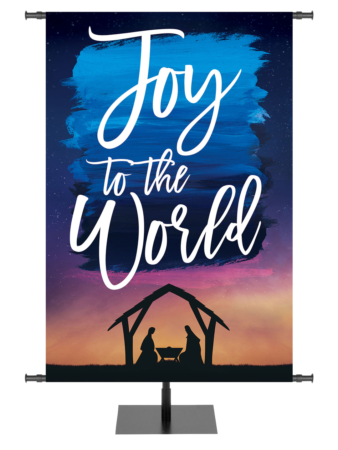 Church Banner for Christmas Joy to the World with Manger scene on blue and purple