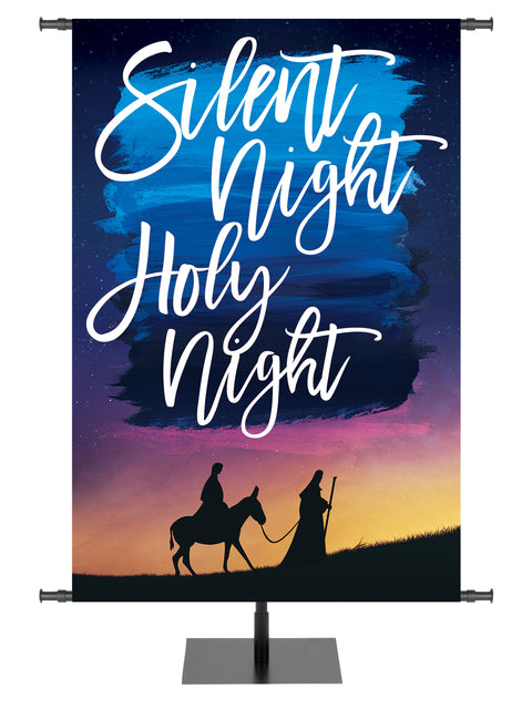 Church Banner for Christmas Silent Night Holy Night with Mary and Joseph left on blue and purple