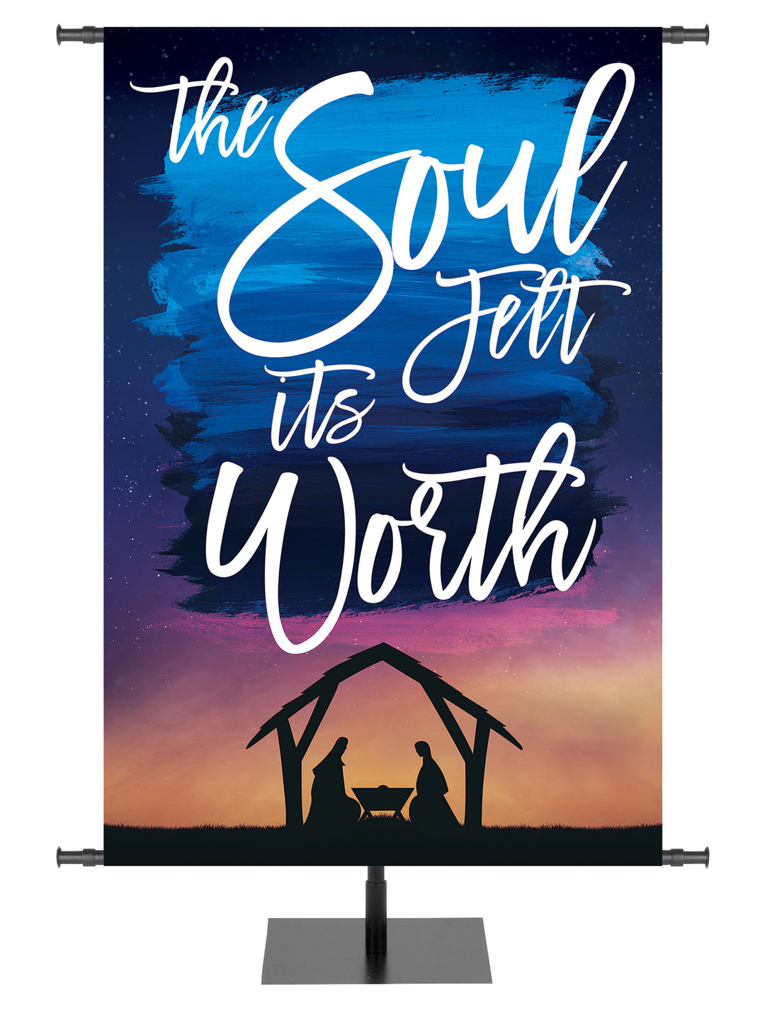 Church Banner for Christmas Soul Felt Its Worth with Manger scene on blue and purple