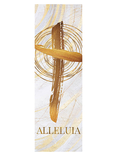 Wall Hanging Echoes of Easter with Cross sloping right Symbol in golds and bronze on white 