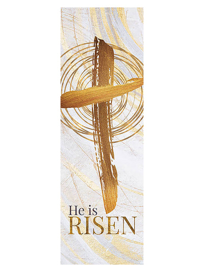 Wall Hanging Echoes of Easter with Cross sloping left Symbol in golds and bronze on white 