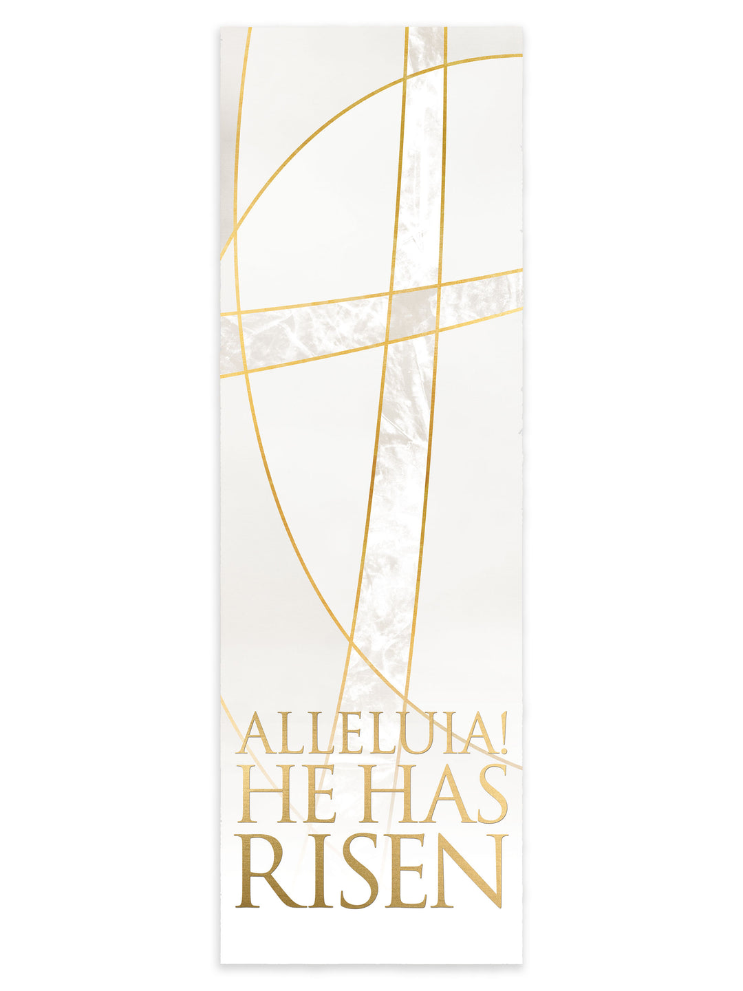 Scripture Wall Hanging Easter Liturgy Alleluia on White background with Gold Cross and accents in left orientation