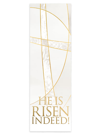 Scripture Wall Hanging Easter Liturgy He Is Risen on White background with Gold Cross and accents in right orientation