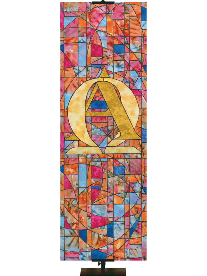 Stained Glass Symbols of Faith Alpha & Omega - Liturgical Banners - PraiseBanners