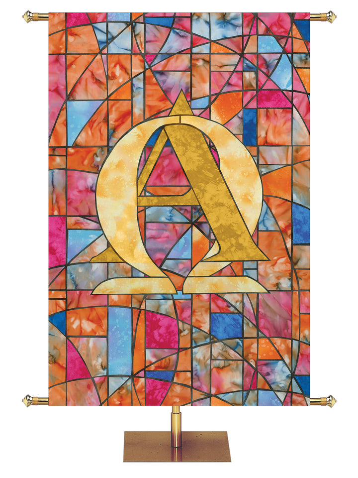 Alpha and Omega Stained Glass Symbols of Faith Banner