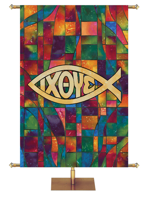 Fish Stained Glass Symbols of Faith Banner
