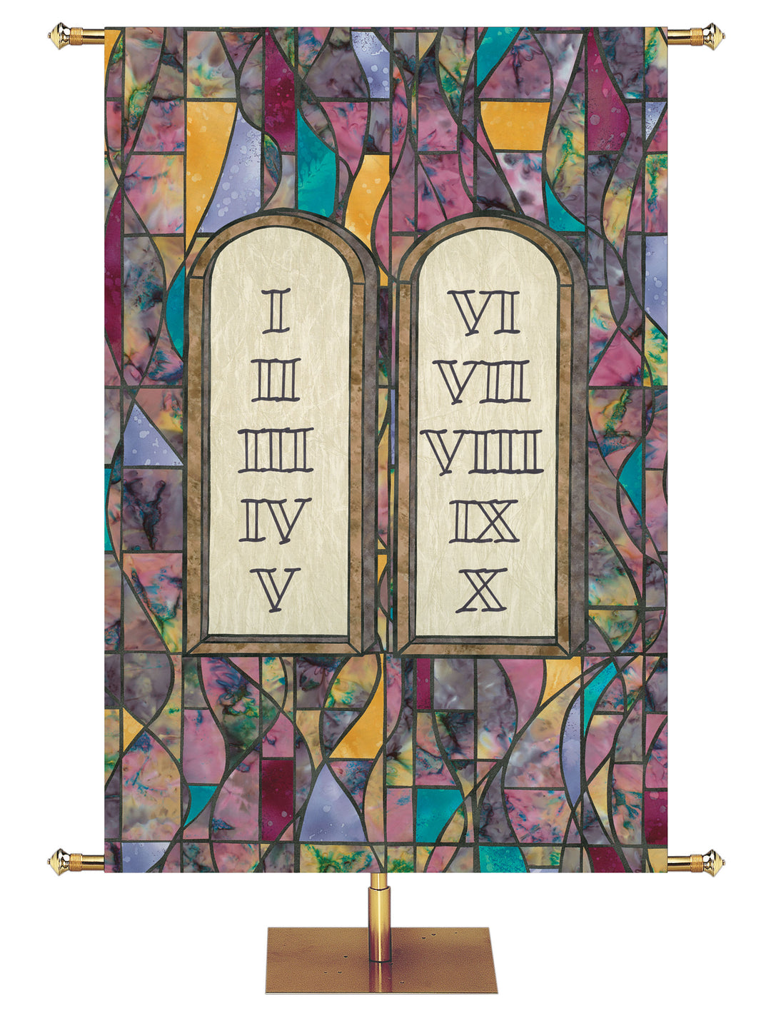 Ten Commandments Stained Glass Symbols of Faith Banner