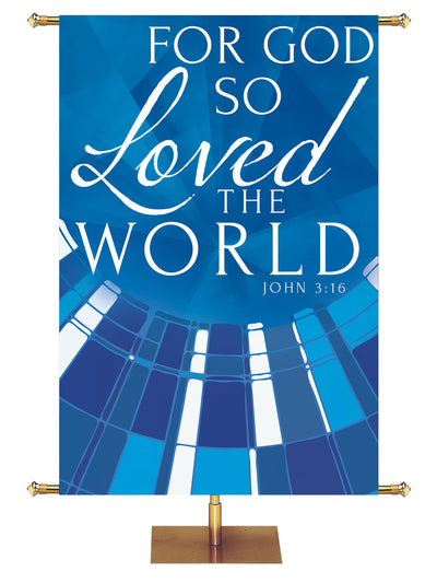 Church Banner Streaming Light For God So Loved The World. John 3:16. In Blue, Green, Purple and Red.