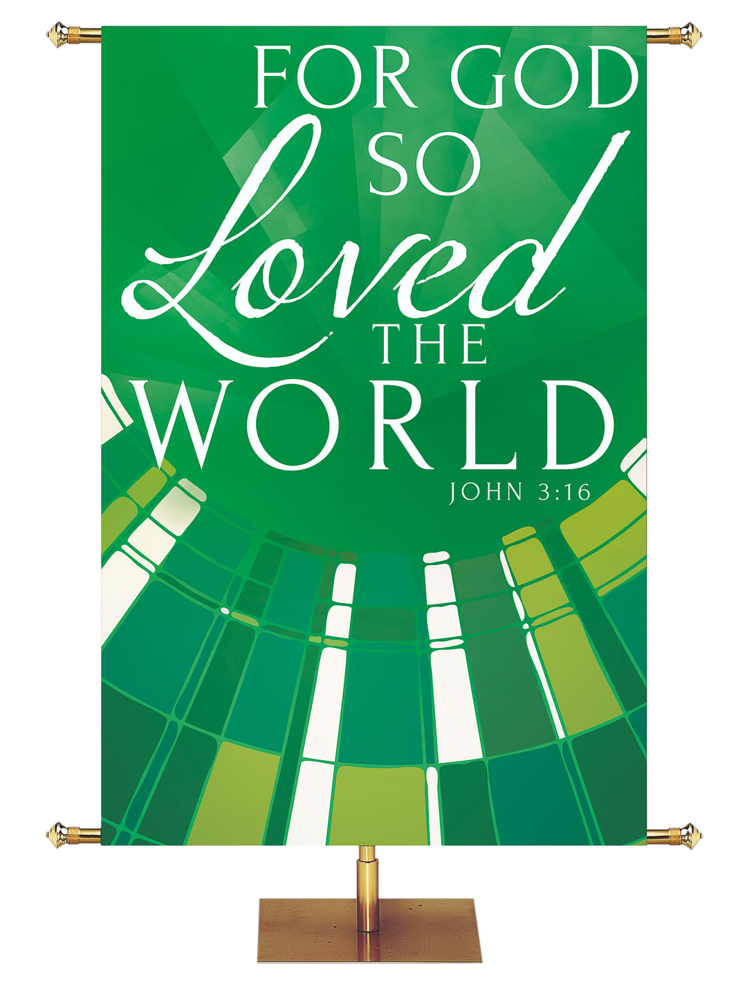 Church Banner Streaming Light For God So Loved The World. John 3:16. In Blue, Green, Purple and Red.