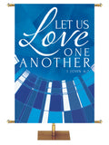 Church Banner Streaming Light Let Us Love One Another. 1 John 4:7. In Blue, Green, Purple and Red.