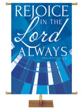 Church Banner Streaming Light Rejoice In The Lord Always. Philippians 4:4. In Blue, Green, Purple and Red.
