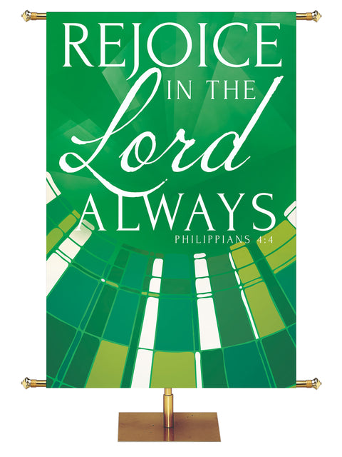 Church Banner Streaming Light Rejoice In The Lord Always. Philippians 4:4. In Blue, Green, Purple and Red.