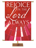 Church Banner Streaming Light Rejoice In The Lord Always. Philippians 4:4. In Blue, Green, Purple and Red.
