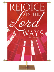 Church Banner Streaming Light Rejoice In The Lord Always. Philippians 4:4. In Blue, Green, Purple and Red.