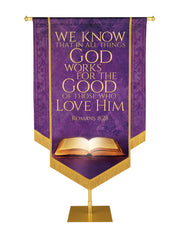 Holy Scriptures God Works for the Good Embellished Banner - Handcrafted Banners - PraiseBanners