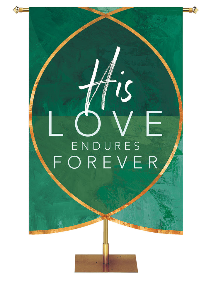 His Love Endures with sculpted Christian Fish symbol church banner in blue, green, purple or red.