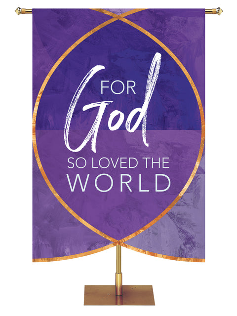  God So Loved the World with sculpted Christian Fish symbol church banner in blue, green, purple or red.