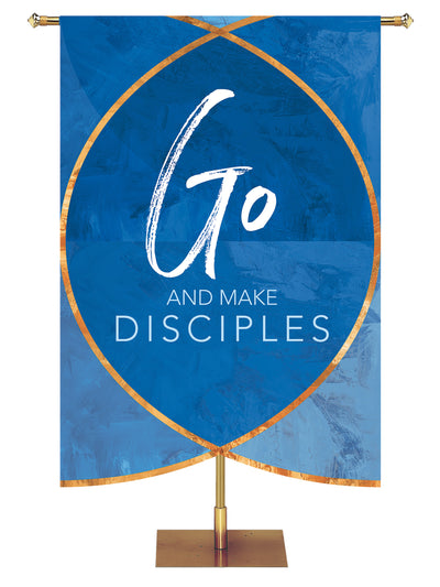 Go Make Disciples with sculpted Christian Fish symbol church banner in blue, green, purple or red.