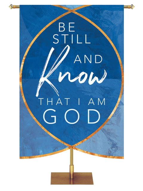 Be Still and Know that I Am God with sculpted Christian Fish symbol church banner in blue, green, purple or red.