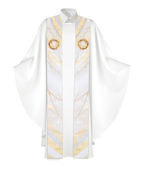 Stole for Easter Echoes of Easter with Crown of Thorns Symbol in golds and bronze on white 