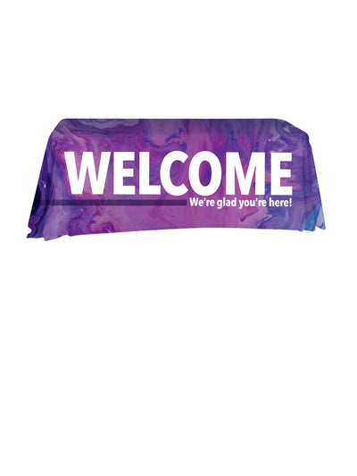 Church Welcome Table Throw. Gospel Impressions design in Blue, Purple, Red and Teal
